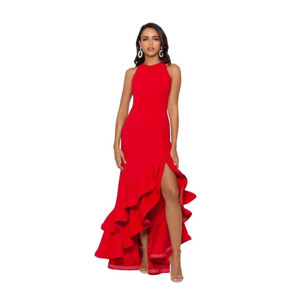 BETSY & ADAM "Arielle" Scuba Crepe Ruffle Slit Gown, size 4P